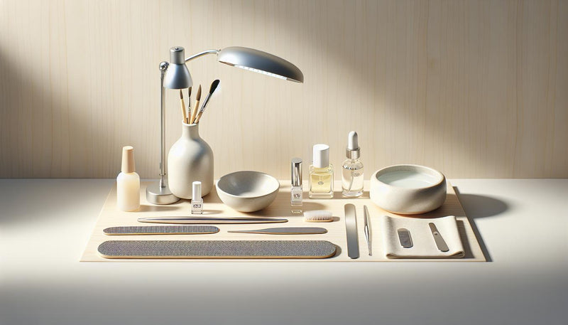 Gelnägel Naturnagel: Minimalistische Maniküre-Station auf Birkenholz mit Feilen, Nagelöl, Keramikschälchen mit Aceton und UV/LED-Lampe in heller Morgenstimmung.