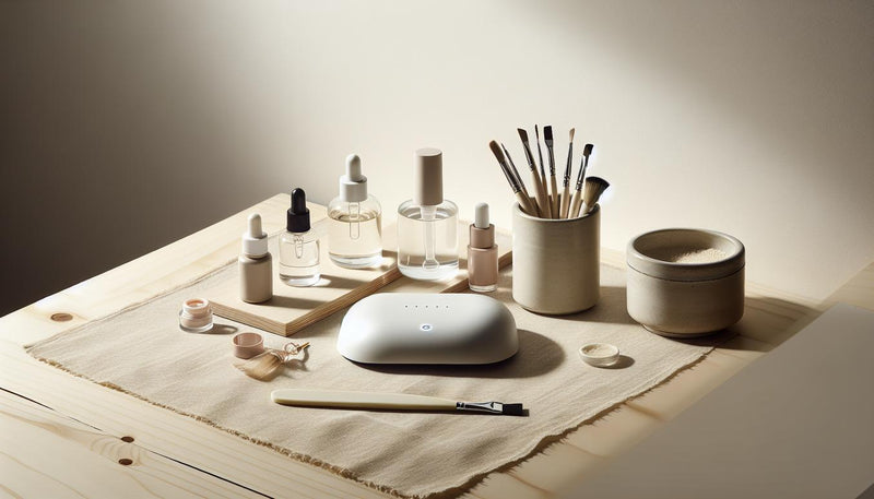 Nahaufnahme aufgeräumter Nageltisch mit offenem UV‑Gel, LED‑Tischgerät, Nagelöl und SPF‑Fläschchen in heller, ruhiger Stimmung – Thema: gelnägel nebenwirkungen
