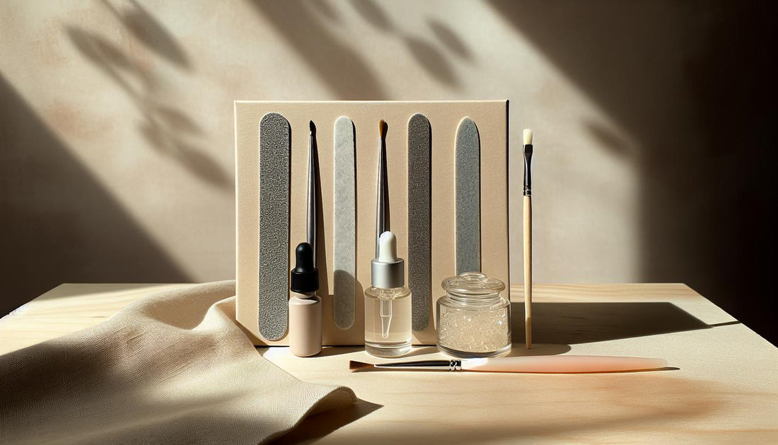 Minimalistische Nahaufnahme einer hellen Arbeitsfläche mit Nageltools, offenem UV-Gel und pinken Akzenten – Szene zum gelnägel pflegen.