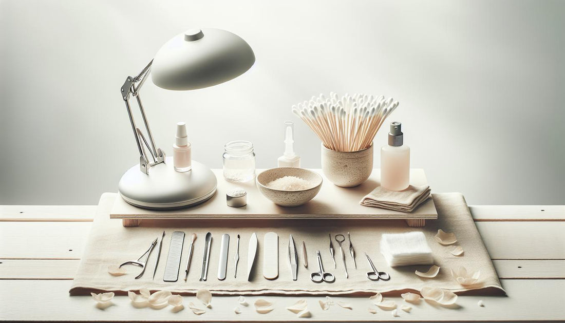 Minimalistische Nahaufnahme eines Maniküre-Arbeitsplatzes mit UV-Lampe, Sterilbesteck, Baumwollpads, Dehydrator-Fläschchen und Nagelbürste auf hellem Birkenholz – gelnägel reinigen