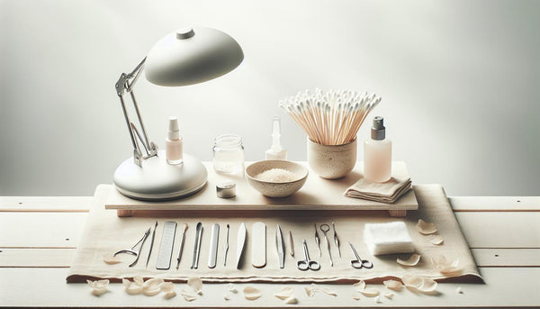 Minimalistische Nahaufnahme eines Maniküre-Arbeitsplatzes mit UV-Lampe, Sterilbesteck, Baumwollpads, Dehydrator-Fläschchen und Nagelbürste auf hellem Birkenholz – gelnägel reinigen
