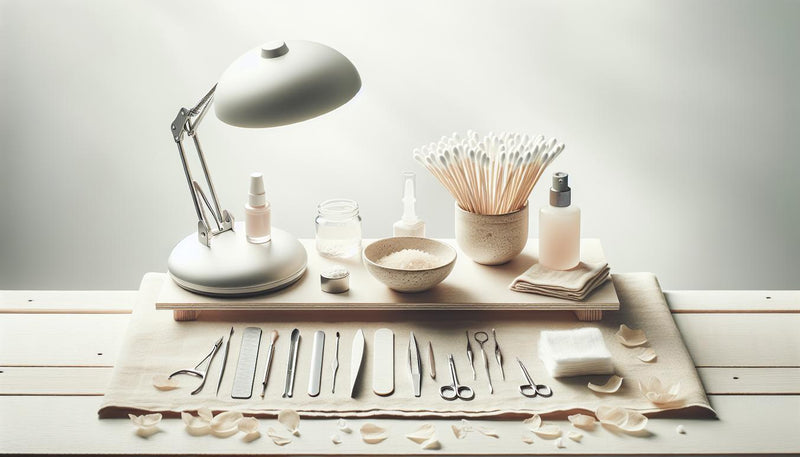 Minimalistische Nahaufnahme eines Maniküre-Arbeitsplatzes mit UV-Lampe, Sterilbesteck, Baumwollpads, Dehydrator-Fläschchen und Nagelbürste auf hellem Birkenholz – gelnägel reinigen
