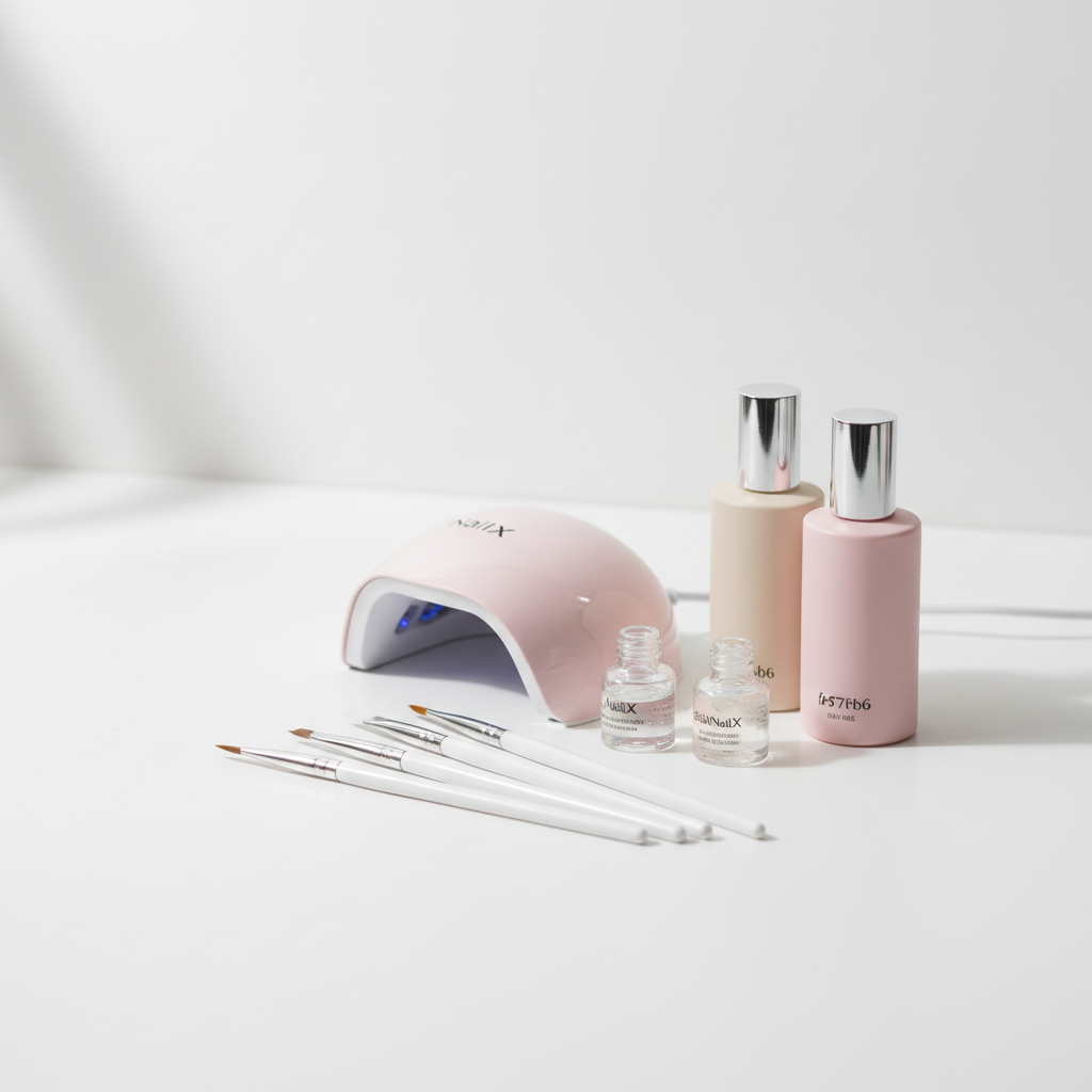 Minimalistisches Still‑Life eines NailX GellyNails Kits auf weißer Fläche mit Pastell‑Props, Nahaufnahme von Pinseln, Gel‑Flaschen und UV‑Lampe – gelnägel risiken