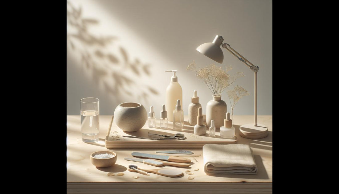 Aufgeräumter Nageltisch mit UV‑Lampe, Gel‑Tiegeln, Nagelöl, Feile, Buffer und Wattepad auf hellem Holz, minimalistisch und hell – Gelnägel schädlich