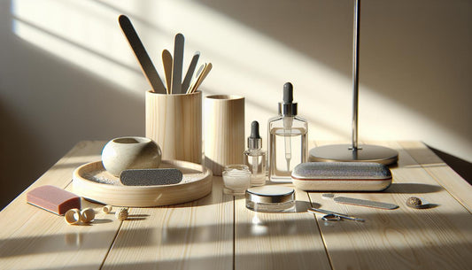 Minimalistischer Maniküre-Tisch mit Feile, Buffer, offenem Glastiegel und Cuticle-Oil; ruhige, helle Szene mit Fokus auf Gel- und Öltexturen – gelnägel schädlich