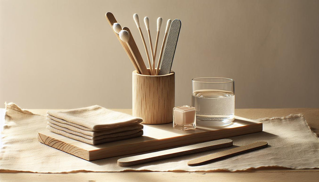 Minimalistische Nahaufnahme einer hellen Arbeitsfläche mit Feilen, Polierblock, Wattepads, Glas mit Aceton und Holzstäbchen – gelnägel schonend entfernen