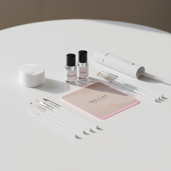 Minimalistisches Studiofoto: weißer Tisch mit NailX-Gelset, Dehydrator- und Primer-Fläschchen, LED-Lampe und pastellfarbenem Hintergrund – Gelnägel Schritt für Schritt
