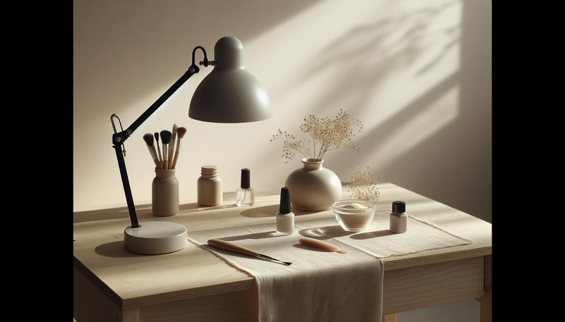 gelnägel schwarz: Nahaufnahme eines mattschwarzen Nageltips auf Ständer vor hellem, minimalistischen Nagelarbeitsplatz mit UV-Lampe, Gel-Döschen und Nagelöl.