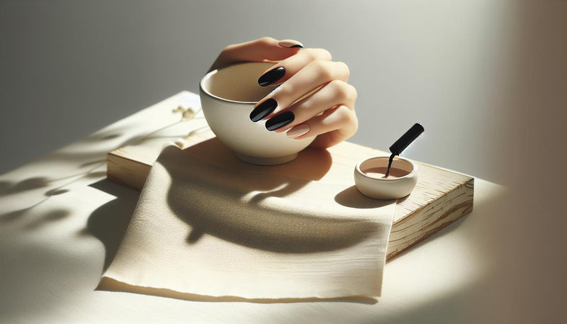 Nahaufnahme von glänzenden gelnägel schwarz als Press-On-Tipps auf weißer Keramikschale, daneben Feile, Nailart-Pinsel mit pinkem Griff und kleine Nagelöl-Flasche vor hellem Holz