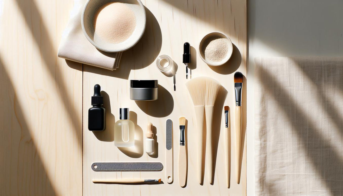 Minimalistisches Flatlay mit matten und glänzenden gelnägel schwarz Fläschchen, Pinsel, Feile, Cuticle-Öl und kleiner Puder-Tiegel auf hellem Holz.