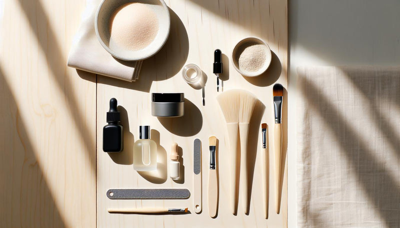 Minimalistisches Flatlay mit matten und glänzenden gelnägel schwarz Fläschchen, Pinsel, Feile, Cuticle-Öl und kleiner Puder-Tiegel auf hellem Holz.