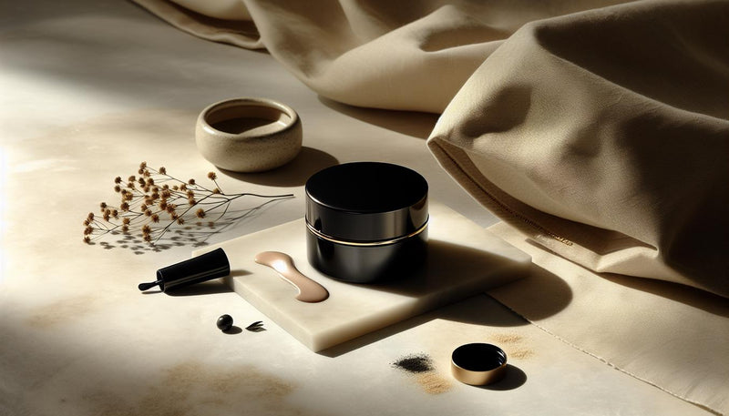 Glänzender schwarzer Nageltopf auf mattem Marmor, feiner Goldliner und beige Ledermappe im weichen Tageslicht – minimalistisch, thematisch: gelnägel schwarz