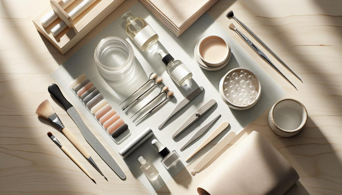Minimalistisches Flatlay einer Maniküre‑Station auf hellem Birkenholz mit Feilen, Buffer, Tipcutter, Aceton‑Pads, Nagelöl und neutraler Starter‑Kit‑Verpackung – Gelnägel selber kürzen