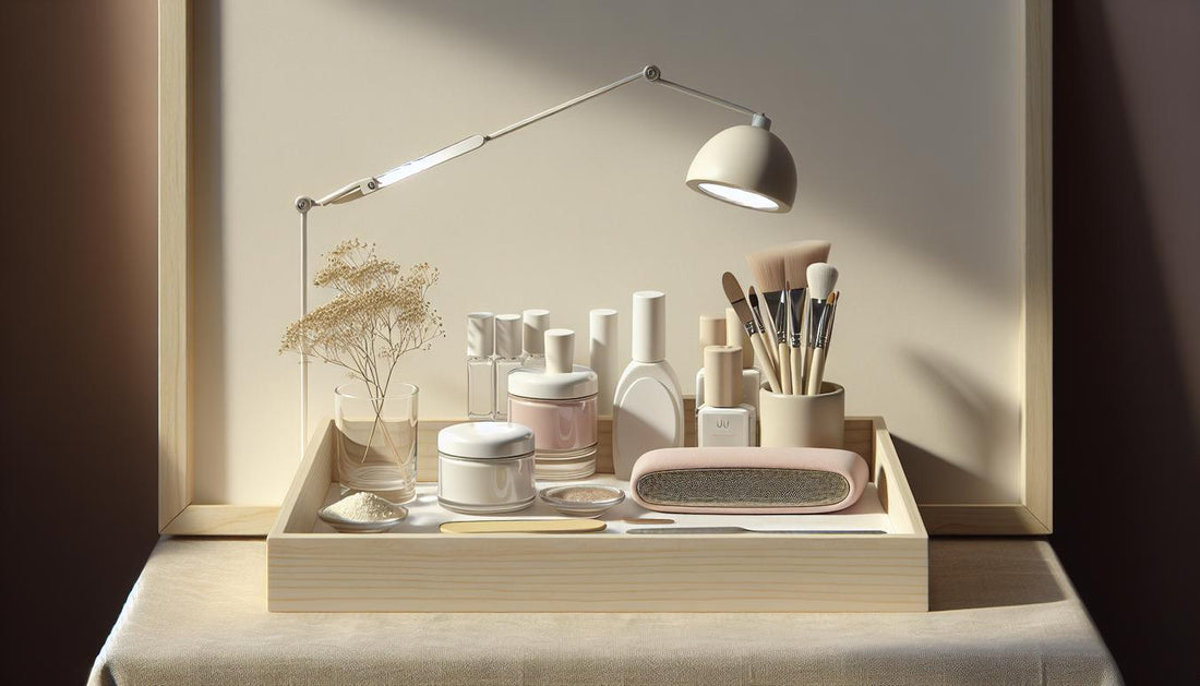 Minimalistisches, helles Arbeitsset für Gelnägel selber machen auf Birkenholz: UV/LED-Lampe, kleine Gel-Tiegel, Feile und Pinsel mit dezenter pinker Akzentfarbe.
