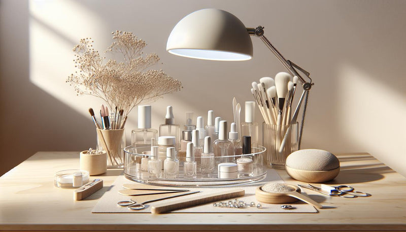 Nahaufnahme einer sauberen Birkenarbeitsfläche mit klarem Glas‑Tablett, Feilen, Staubpinsel, kleinen Fläschchen (Dehydrator/Primer) und geschlossener UV/LED‑Lampe – gelnägel selber machen