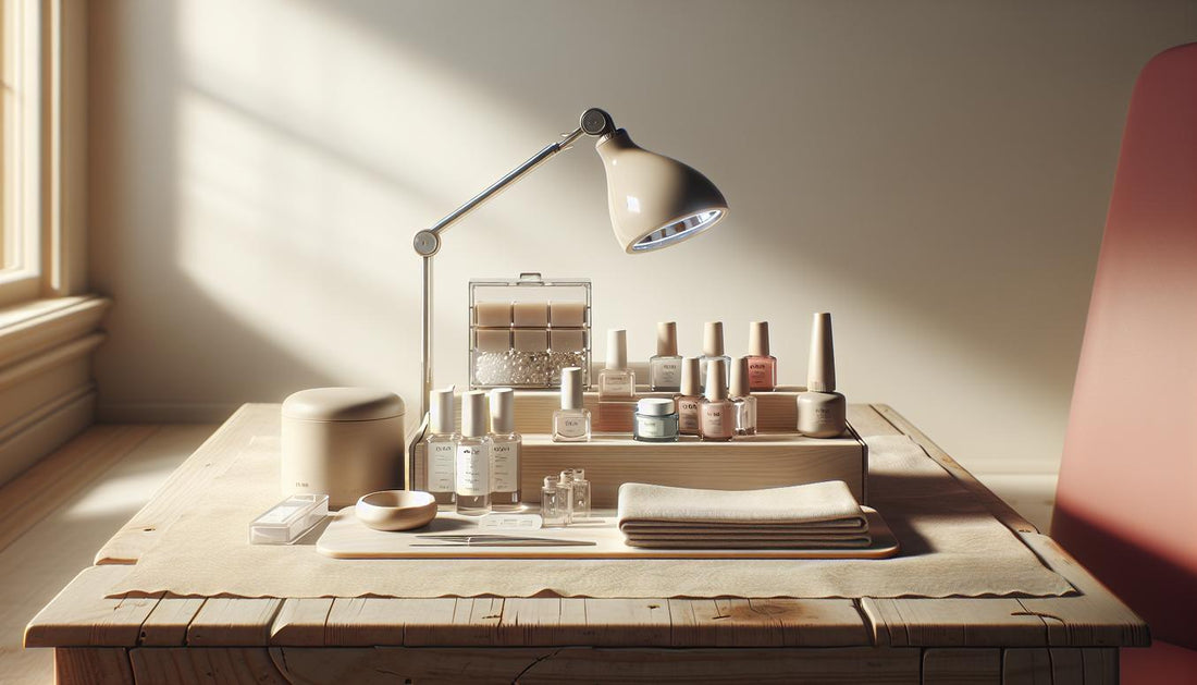 Minimalistische Nahaufnahme eines Maniküre-Sets auf hellem Holztisch mit UV-Lampe, offenen Base- und Farbgelen, Dehydrator, Cleaner-Pad und schlichter Kit-Box – gelnägel selber machen