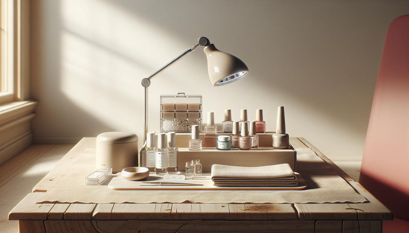 Minimalistische Nahaufnahme eines Maniküre-Sets auf hellem Holztisch mit UV-Lampe, offenen Base- und Farbgelen, Dehydrator, Cleaner-Pad und schlichter Kit-Box – gelnägel selber machen
