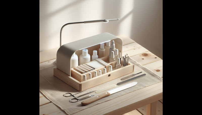 Aufgeräumte DIY-Maniküre-Station auf hellem Birkenholz mit LED-Lampe, offenem Starterkit, feinen Feilen und Silikonpinseln — gelnägel selber machen