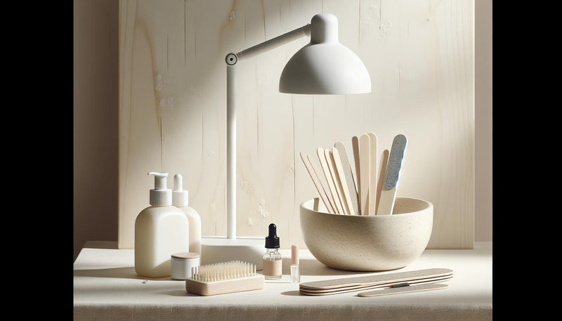 Nahaufnahme eines hellen, aufgeräumten Nagel‑Arbeitsplatzes mit LED‑Lampe, Base‑ und Top‑Gel, Feilen, Nagelhautöl und neutraler Starter‑kit‑Packung – gelnägel selber machen zuhause