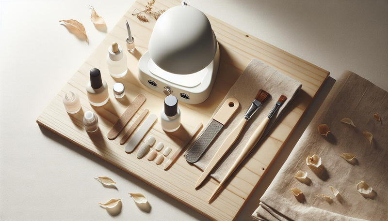 Flatlay eines aufgeräumten gelnägel set auf hellem Birkenholz: LED‑Lampe, drei unbeschriftete Gel‑Fläschchen, Pinsel, Feilen und vorgeformte Soft‑Gel‑Tips mit zarten Blütenblättern.