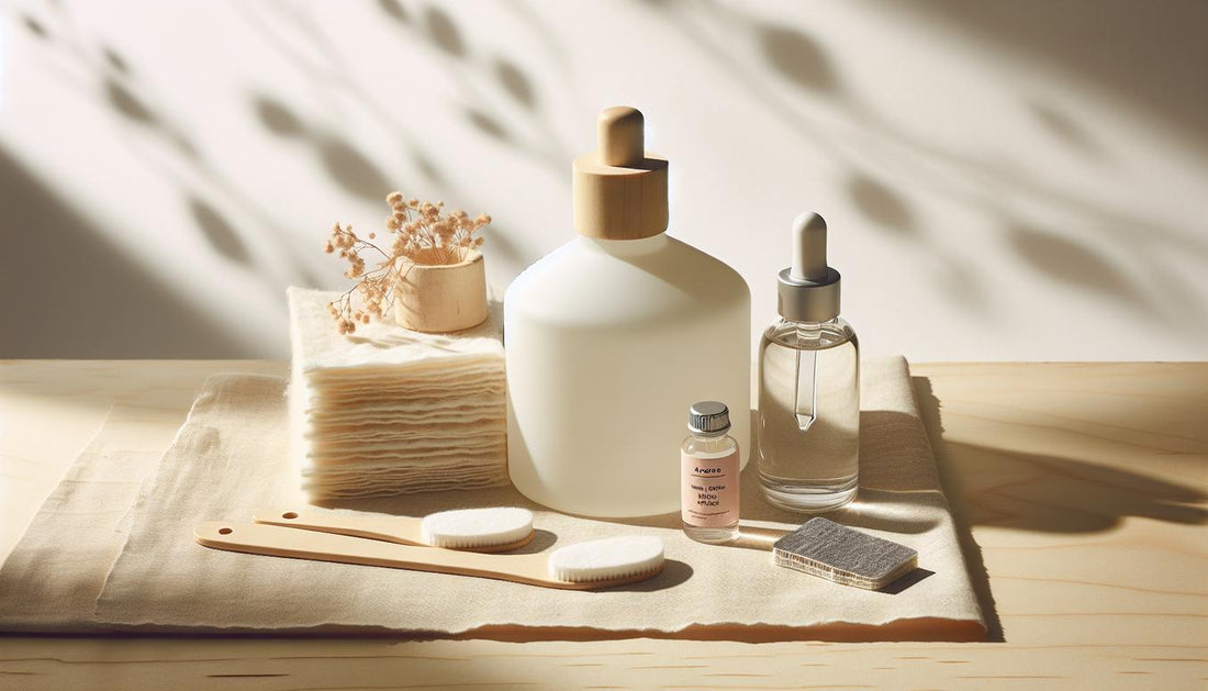 Nahaufnahme einer hellen Nagelarbeitsfläche mit Aceton, Wattepads, Alufolie, feinem Buffer und Nagelöl – Schritt-für-Schritt Szene zum gelnägel sicher entfernen.