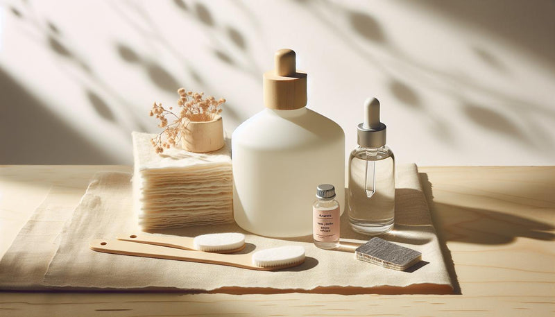 Nahaufnahme einer hellen Nagelarbeitsfläche mit Aceton, Wattepads, Alufolie, feinem Buffer und Nagelöl – Schritt-für-Schritt Szene zum gelnägel sicher entfernen.