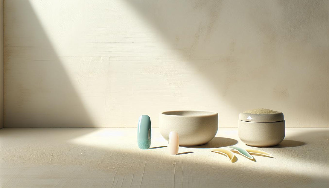 Zwei Nail-Display-Tips mit pastell-sea-glass Gelnägeln auf heller Holzfläche, minimalistische Komposition – gelnägel sommer 2025