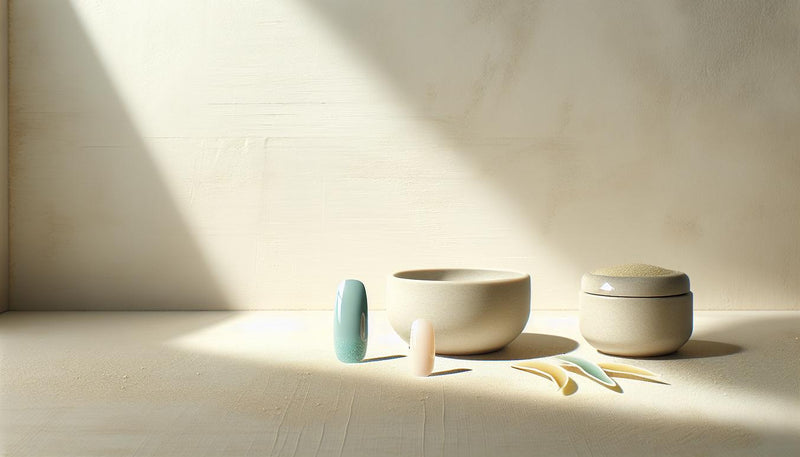 Zwei Nail-Display-Tips mit pastell-sea-glass Gelnägeln auf heller Holzfläche, minimalistische Komposition – gelnägel sommer 2025