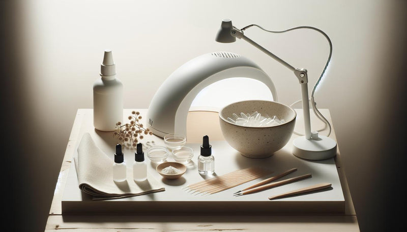 Minimalistische Aufnahme: LED-UV-Lampe, Nail-Tips, Dehydrator-, Primer- und Cuticle-Oil-Fläschchen auf hellem Birkenholz mit zartem Rosa-Akzent und sommerlicher Zeste – gelnägel sommer