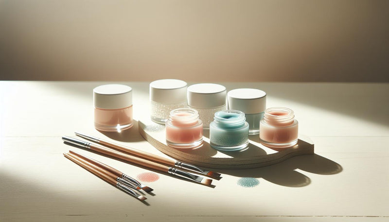 Flatlay: helle Sommertafel mit geöffnetem Gel-Farbset (Pastell-Teal, Koralle), LED-Lampe, feinen Pinseln und Muscheln – Fokus auf Textur und Gelnägel.