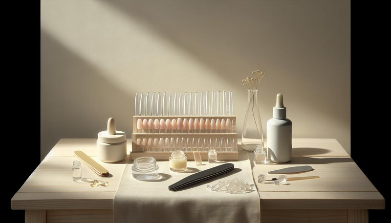 Gelnägel Starter‑Kit auf hellem Birkenholztisch: vorgeformte Soft‑Gel‑Tips sortiert, Base‑/Top‑Gel im Glastiegel, Primer, Feile mit schwarzem Griff und dezente pinke Akzente.