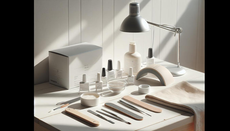 Minimalistischer Nail-Workspace mit Starter-Kit, UV/LED-Lampe, Base- und Top-Coat, Nagelöl und Feilen auf hellem Holz, dezente Pink-Akzente – ideal zum Gelnägel tragen.