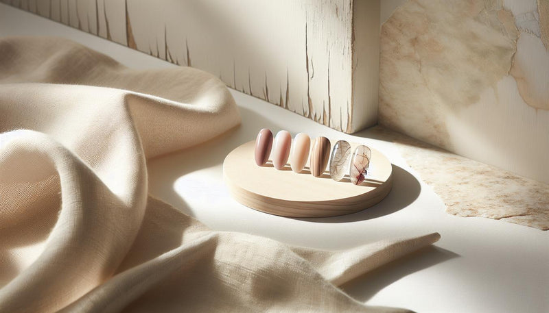 Vier kunstnägel auf hellem Birkenholz: Pastell-Negative-Space, earthy marble, glasige Transparenz und dezenter Chrome-Akzent – gelnägel trends 2025.