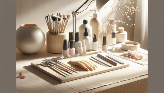 Gepflegte Nagelarbeitsstation mit Tools, offenen Gel‑Gläsern und zwei Testnägeln (Gelnägel vs Acrylnägel) auf heller Holzoberfläche, dezenter pinker Akzent.