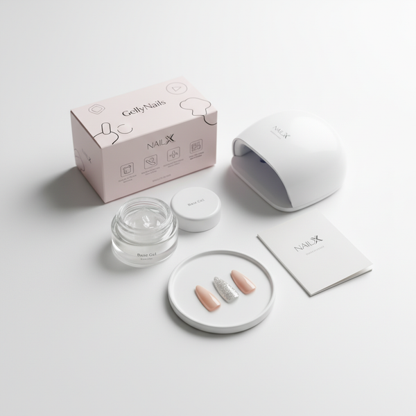 Minimalistisches Produktfoto: NailX GellyNails-Kit auf weißer Tischplatte mit UV/LED-Lampe, Basisgel und Nageltips (natürlich, glossy, glitzer) – Gelnägel vs Acrylnägel