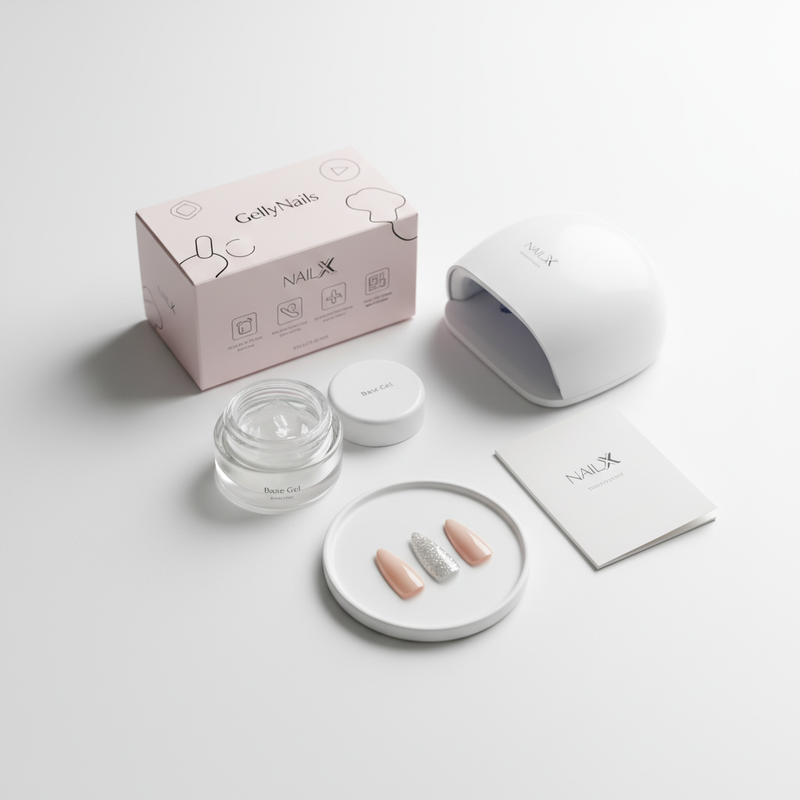 Minimalistisches Produktfoto: NailX GellyNails-Kit auf weißer Tischplatte mit UV/LED-Lampe, Basisgel und Nageltips (natürlich, glossy, glitzer) – Gelnägel vs Acrylnägel