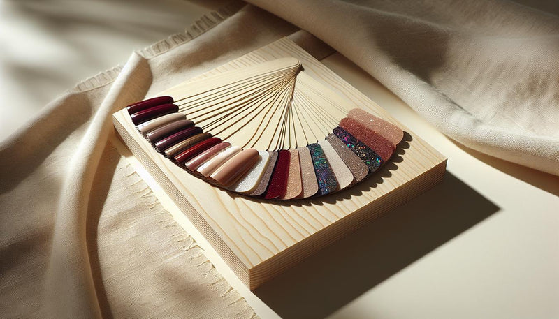 Flatlay mit Nagellack‑Swatches in Rot, Burgund, Smaragd, Gold/Bronze, Holo‑Glitter und Nude auf hellem Birkenholz, dekoriert mit Tannenzweigen und Kerzenwachs — gelnägel weihnachten