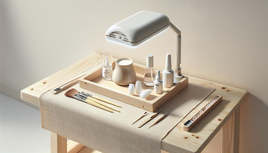 Aufgeräumtes Stillleben eines Maniküre-Arbeitsplatzes mit gelnägel weiß Display, UV-Lampe, offenen Pflegefläschchen und feinen Pinseln auf hellem Holz