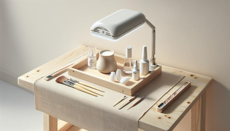 Aufgeräumtes Stillleben eines Maniküre-Arbeitsplatzes mit gelnägel weiß Display, UV-Lampe, offenen Pflegefläschchen und feinen Pinseln auf hellem Holz