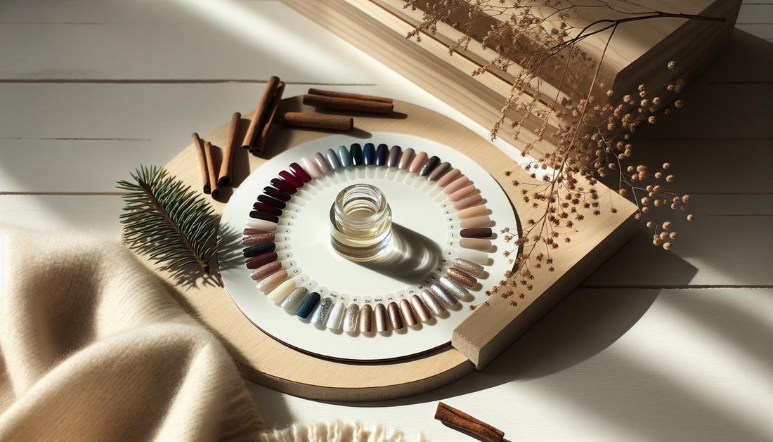 Flatlay auf hellem Birkenholz mit winterlicher Nagelfarbpalette und offenem Nagelhautöl – Probefarben Brombeere, Burgunder, Navy, Tannengrün, Taupe, Gold, Eisblau für gelnägel winter.