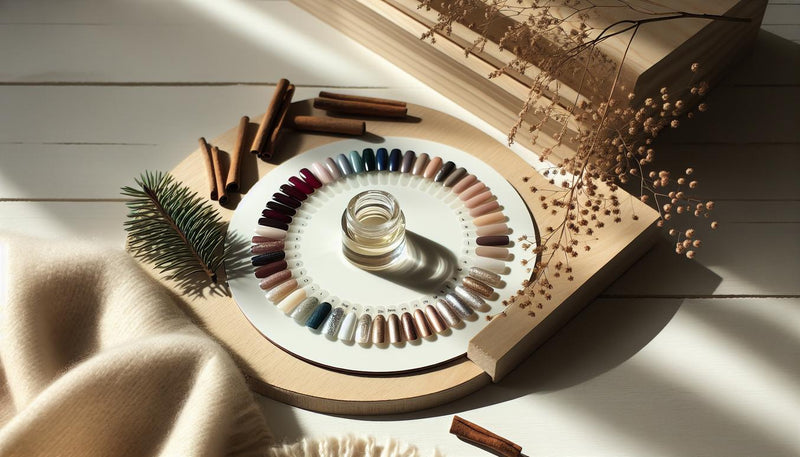 Flatlay auf hellem Birkenholz mit winterlicher Nagelfarbpalette und offenem Nagelhautöl – Probefarben Brombeere, Burgunder, Navy, Tannengrün, Taupe, Gold, Eisblau für gelnägel winter.