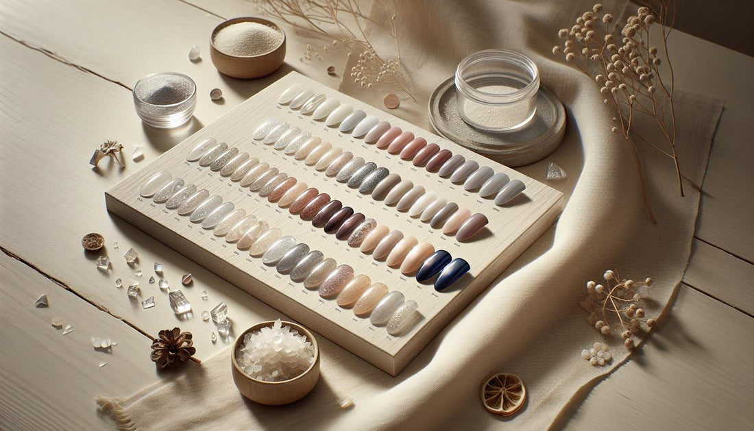 Nahaufnahme von Gel-Nagel-Swatches auf heller, winterlich-dezenter Oberfläche mit Glasplatten, Kristallen, Perlmutt- und Metallpulver; Texturen matt, velvet, high-gloss, Chrom — gelnägel winter