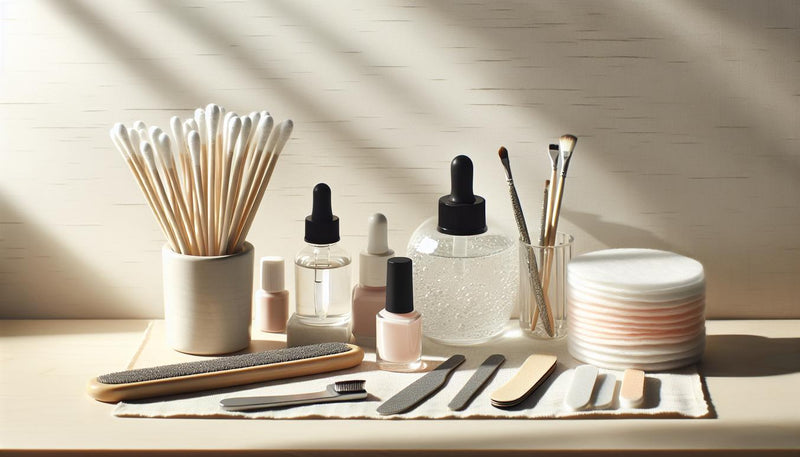 Minimalistische Nahaufnahme eines Arbeitsplatzes zum gelnägel zuhause entfernen: Glasgefäß mit Aceton, Wattepads, Aluminiumfolie, Feilen, Buffer und neutrale Starter-Box.