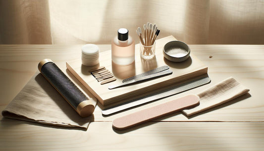 Nahaufnahme eines aufgeräumten Maniküretisches mit Feilen, Buffer, Baumwollpads, Aluminiumfolie und kleinem Nagelölfläschchen in heller, minimalistischer Stimmung zum gelnägel zuhause entfernen