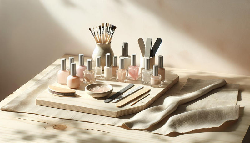 Minimalistische Maniküre-Workstation mit unlabeled Fläschchen, Feilen und geordneten Gelfarben auf heller Holzfläche – ideal zum gelnägel zuhause erneuern.