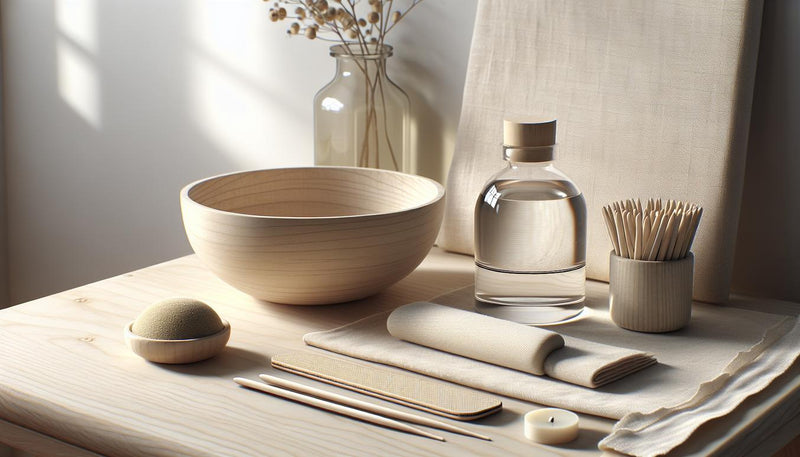 Helle, minimalistische Arbeitsfläche mit Schüssel warmem Wasser, Glas Nagelöl, Holzstäbchen, Buffer-Block und Feile – gelnagellack ohne aceton entfernen
