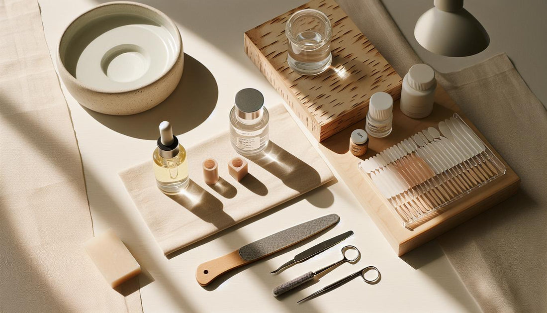 Horizontaler Flatlay eines aufgeräumten Maniküretischs mit Gelnägeln‑Starterkit: versiegelter Glastiegel, vorgeformte Soft‑Gel‑Tips, Feile, Nagelhautöl und kleine LED‑Lampe auf hellem Birkenholz.