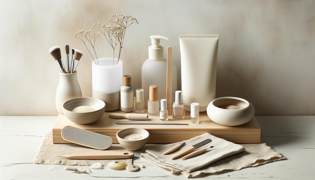 Minimalistisches Flatlay mit Nagelpflege-Set auf hellem Holz: offenes Glas mit natürlichen Produkten, Base-Gel, LED-Lampe und Feile, dezente Pink- und Schwarz-Akzente – gesunde naturnägel