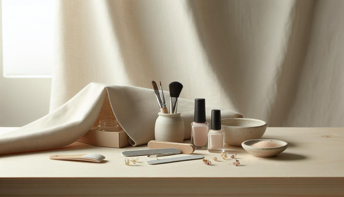 Aufgeräumtes Maniküre‑Setup mit geöffnetem Starter‑Kit (Base‑ und Topcoat), Pinsel, Feile und kleinem Nagelöl auf hellem Birkenholz – gesunder Nagellack im Fokus.