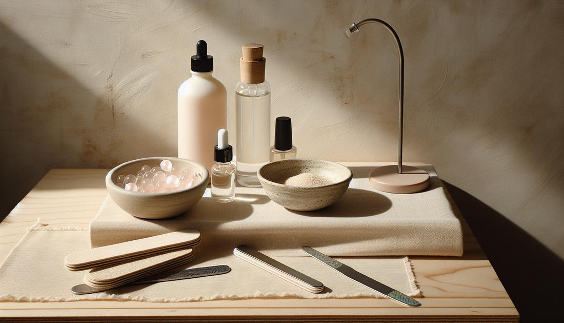 Minimalistischer Nageltisch mit Soft‑Gel‑Tips, geöffnetem Nagelöl, Desinfektionsflasche, feinen Feilen und UV‑LED‑Lampenschirm – gesündeste Nagelverlängerung.